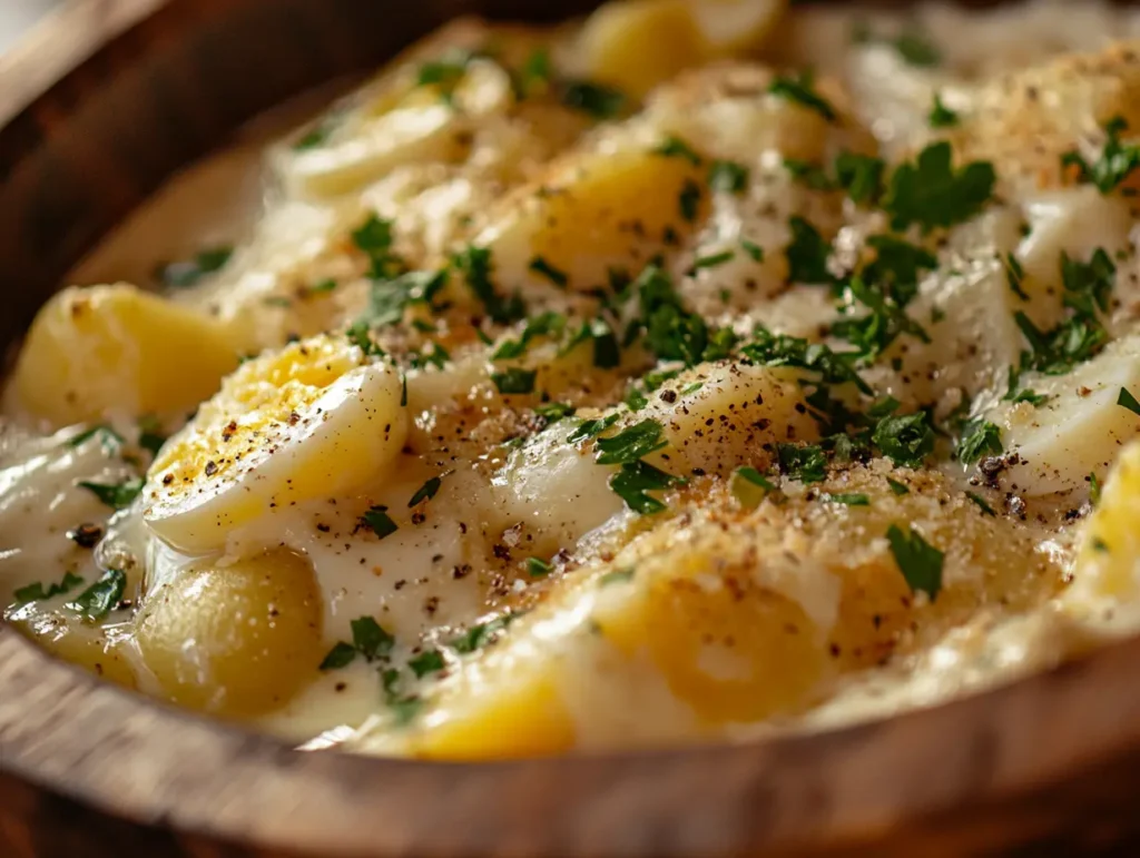 Creamy potato salad recipe with egg in a wooden bowl