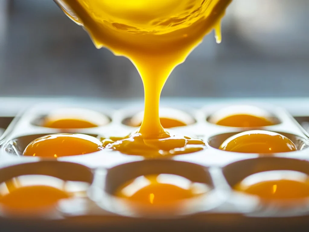 creamy cottage cheese egg mixture being poured into molds