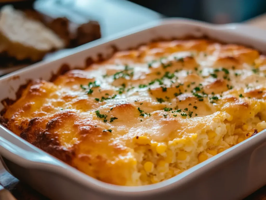 mexican vegetarian cheese Jiffy corn bread casserole hot from the oven