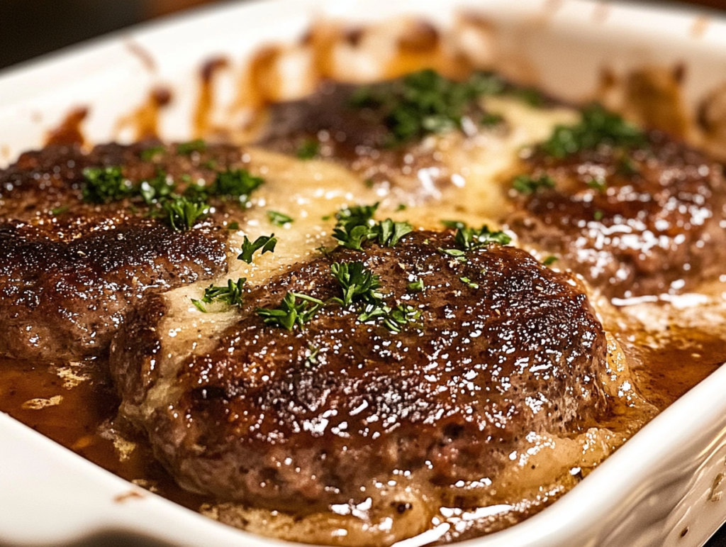 Amish hamburger steak bake in a baking dish