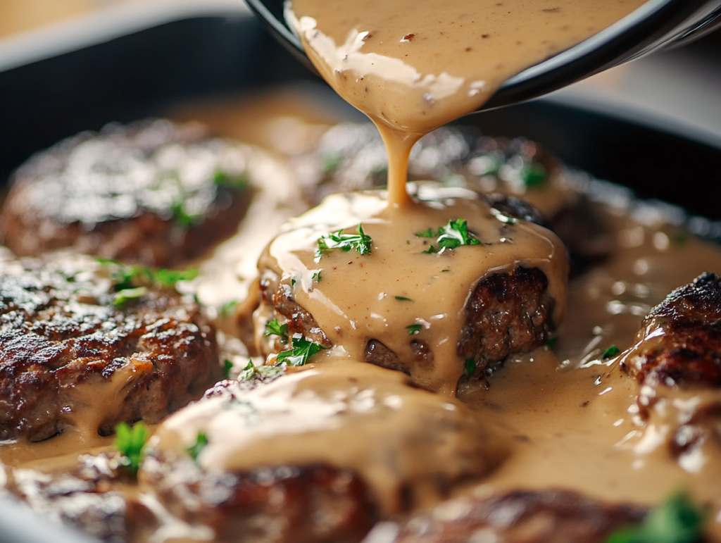 Gravy over Amish hamburger steak bake