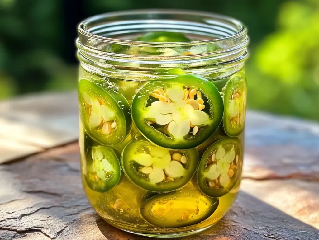 Homemade jalapeno simple syrup with floating peppers
