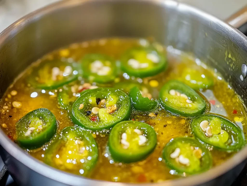 Jalapeno simple syrup simmering on stovetop