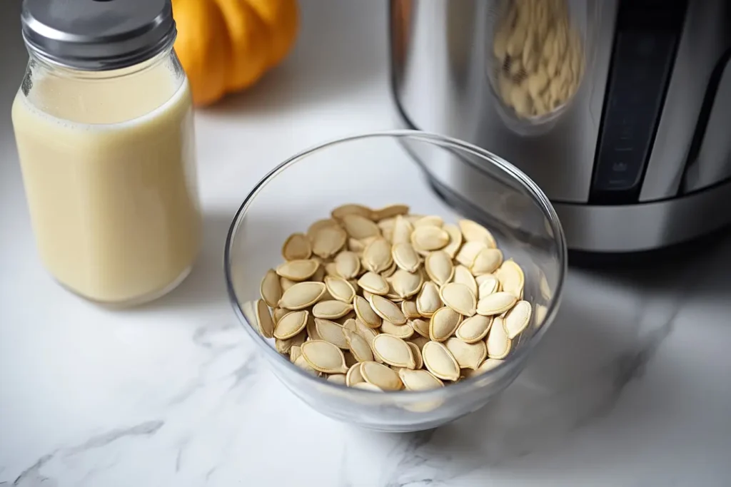 Soaked seeds and blender for pumpkin seed milk recipe