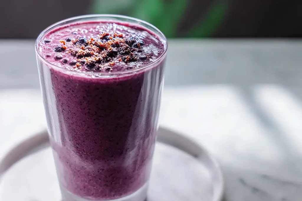 acai smoothie recipe in a jar with blueberries and banana
