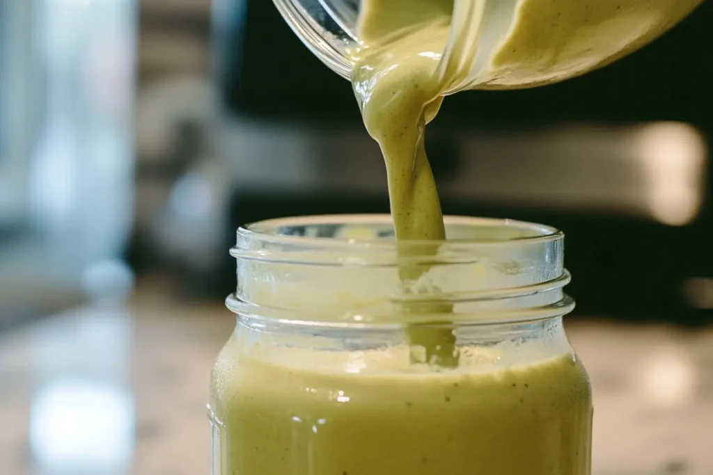 avocolada tropical smoothie recipe creamy blend in mason jar