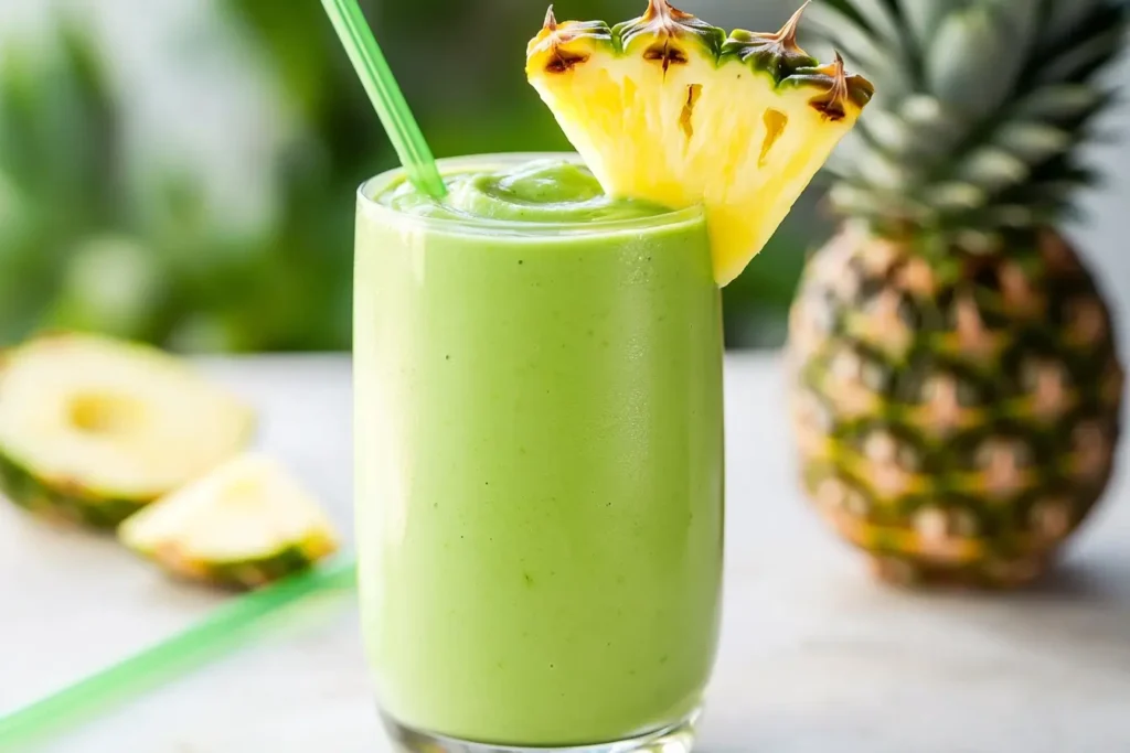 avocolada tropical smoothie recipe in glass with pineapple and coconut