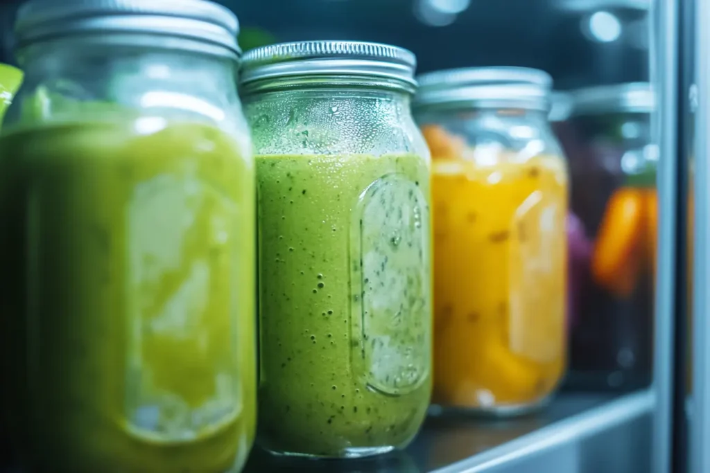 avocolada tropical smoothie recipe stored in mason jars