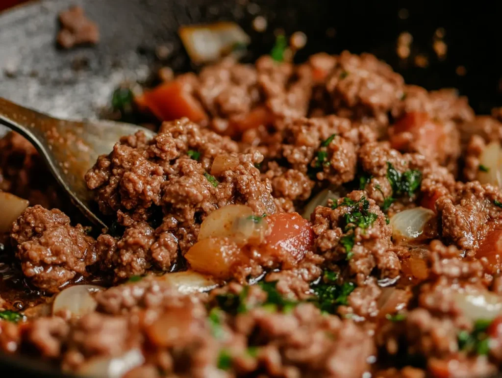 cooking ground beef with garlic and onions for pasta
