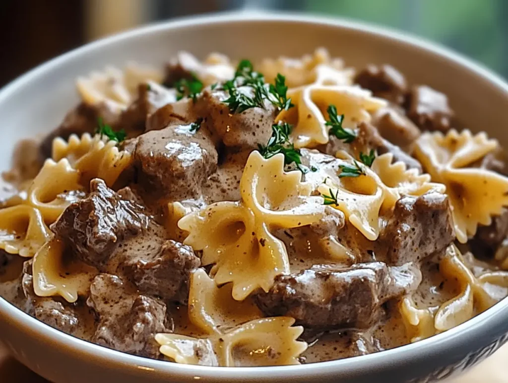 creamy beef and bowtie pasta garnished with herbs