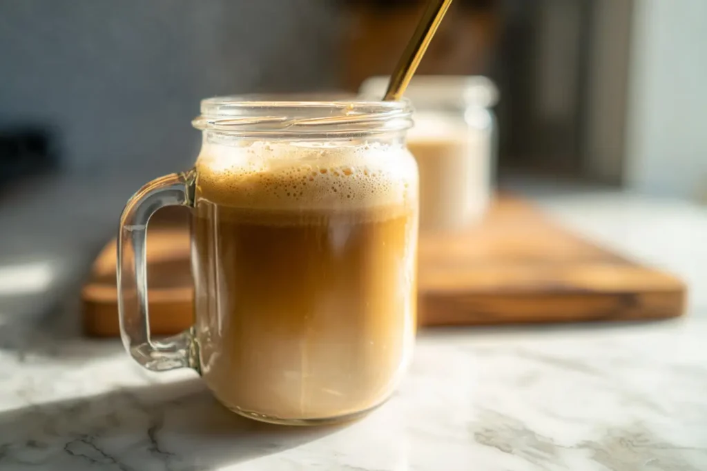 creamy hot protein coffee recipe in glass mug