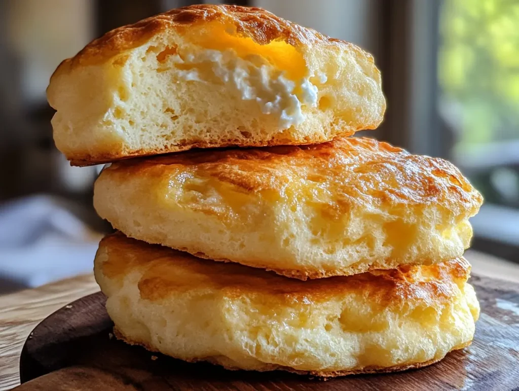 fluffy cottage cheese cloud bread stacked golden close-up