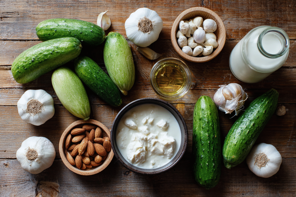 ingredients for white gazpacho yogurt cucumber tomato recipe