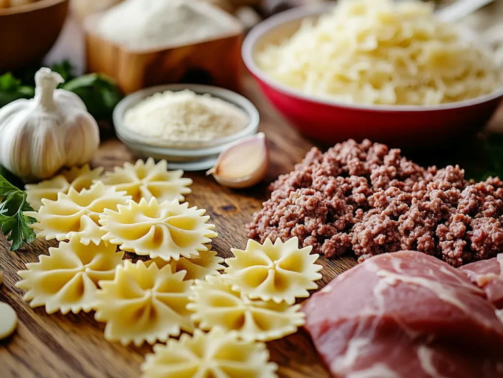 raw ingredients for creamy beef and bowtie pasta