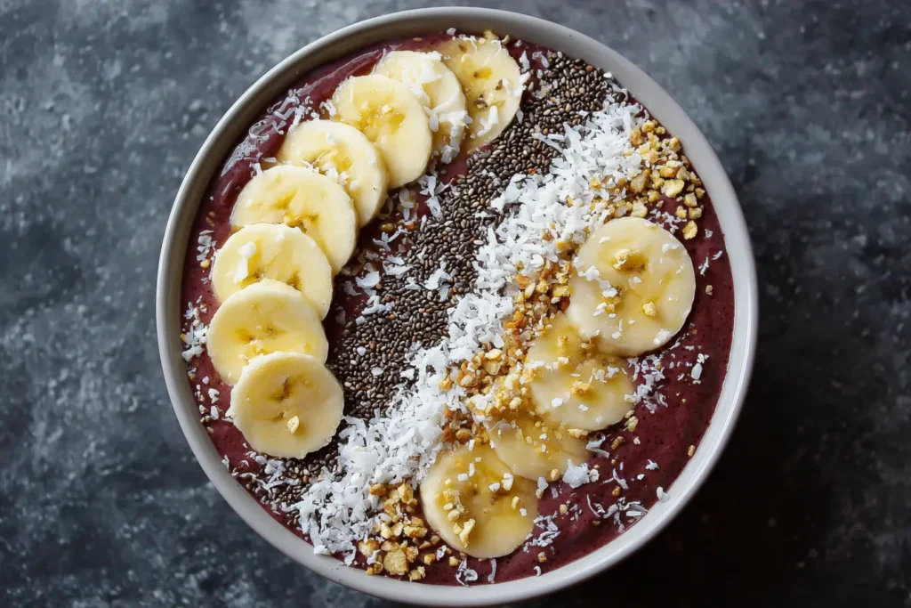 vegan acai smoothie recipe bowl with banana and chia
