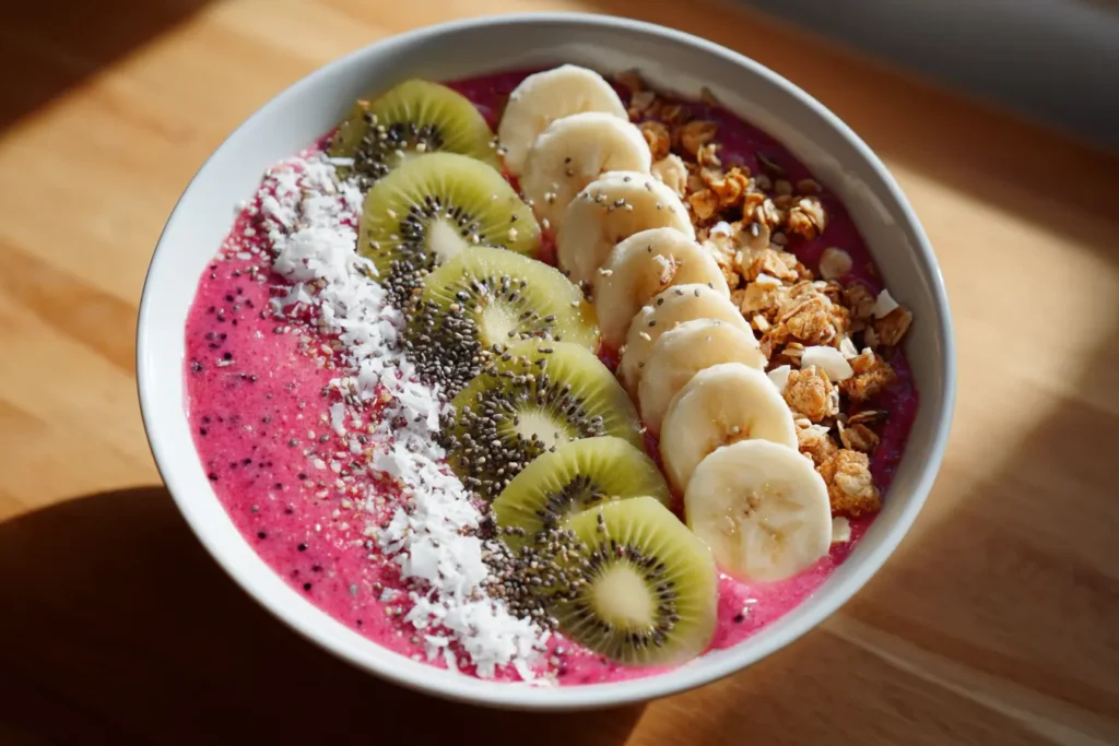 vibrant pitaya bowl smoothie with tropical toppings