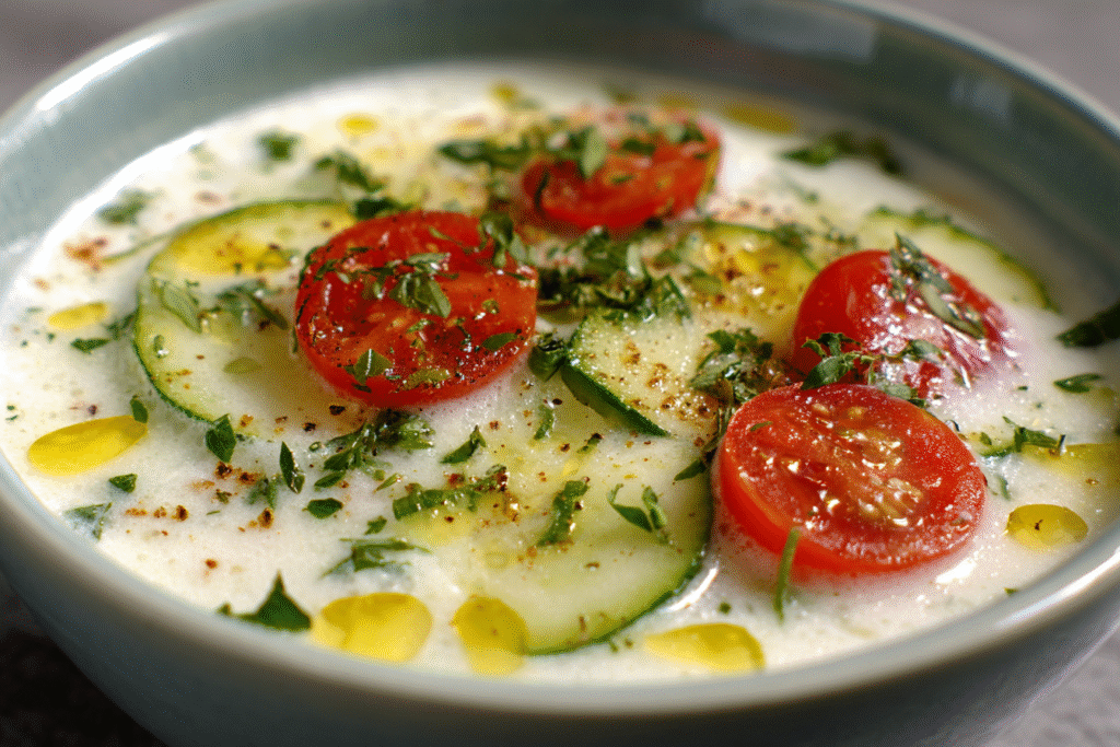 white gazpacho yogurt cucumber tomato recipe in a chilled bowl