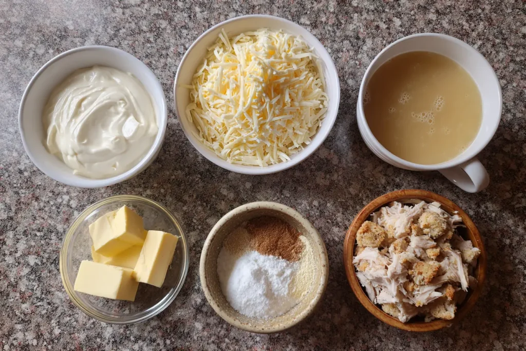 Ingredients for Dolly’s chicken and stuffing casserole laid out