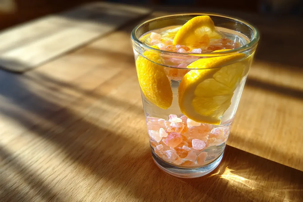 Japanese pink salt recipe detox drink in a glass with lemon
