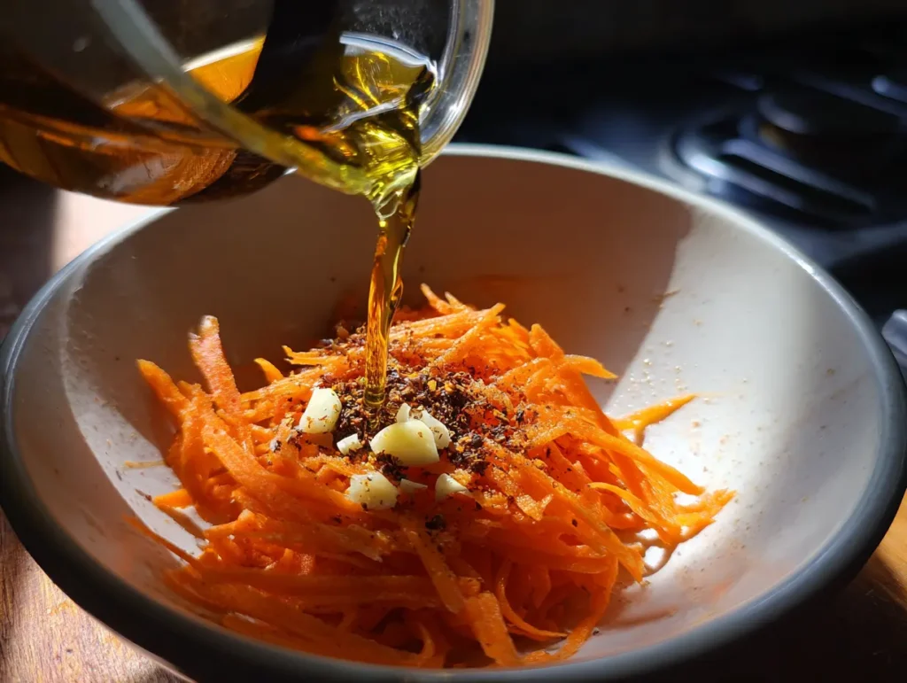 Making Korean carrot salad recipe with hot oil and spices