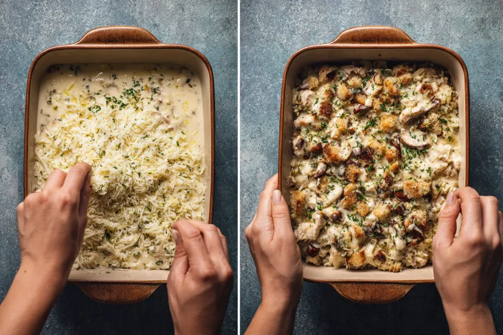 Step-by-step layering of Dolly’s chicken and stuffing casserole