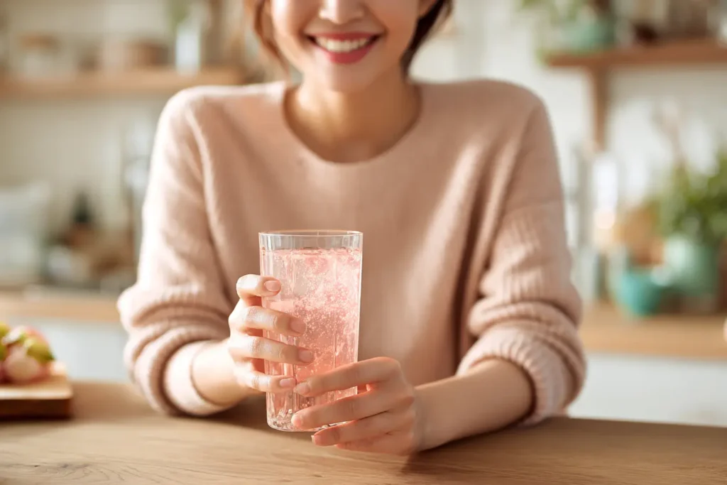 Woman trying Japanese pink salt recipe for weight loss