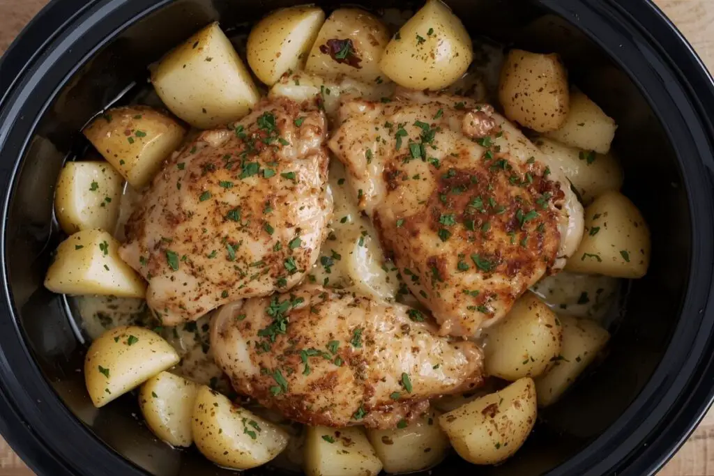 garlic parmesan crockpot chicken and potatoes