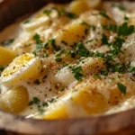 Creamy potato salad recipe with egg in a wooden bowl