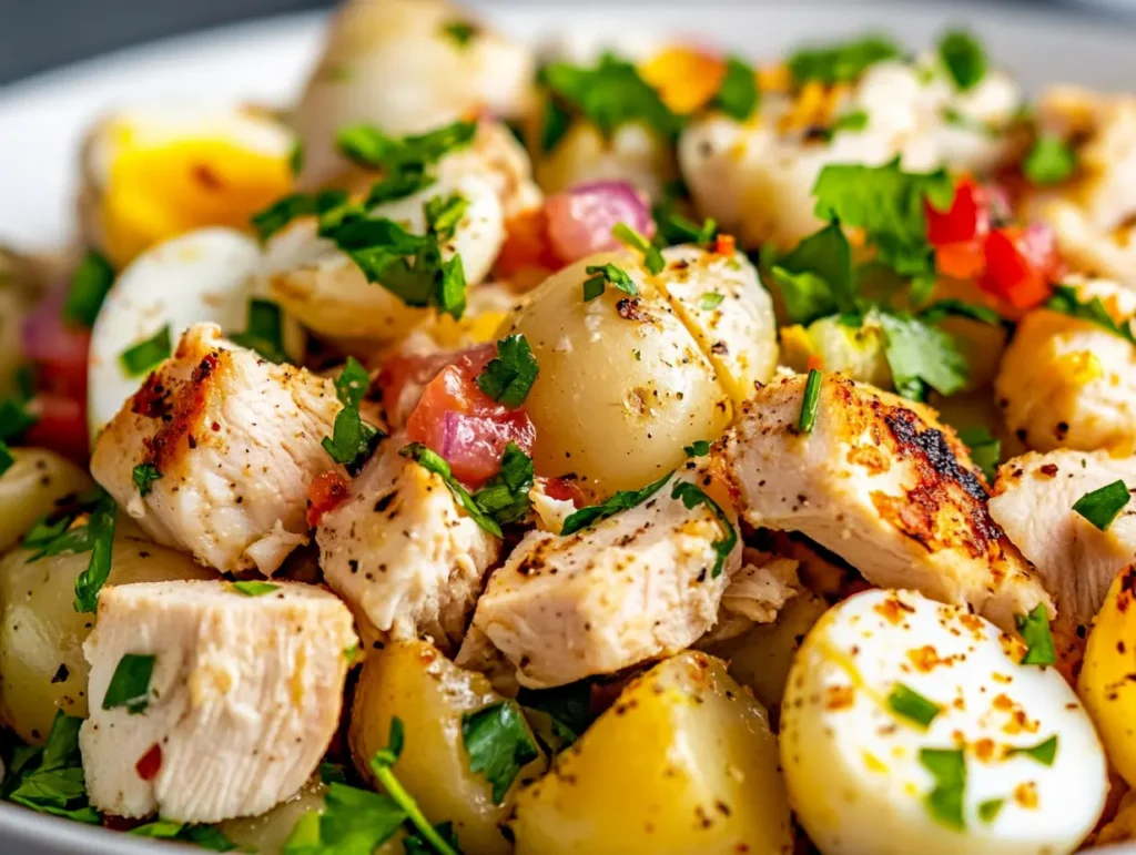 High protein creamy potato salad with egg and chicken