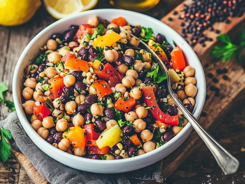 High protein dense bean salad in a bowl