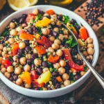 High protein dense bean salad in a bowl