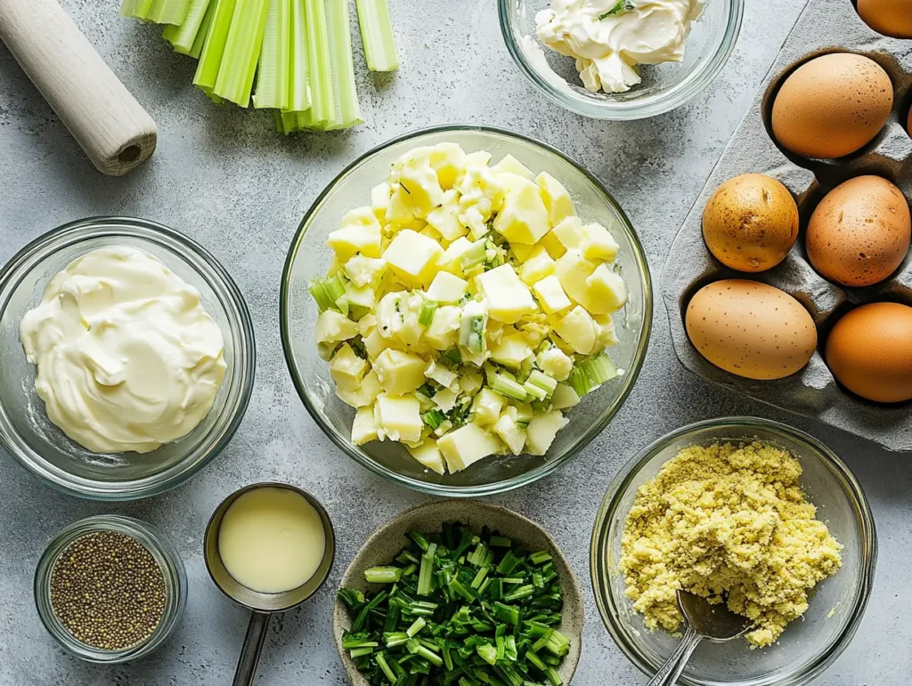 Ingredients for creamy potato salad with egg