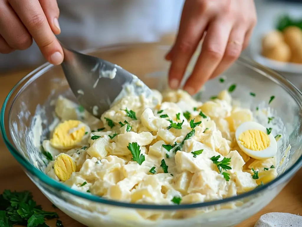 Mixing creamy potato salad with egg slices