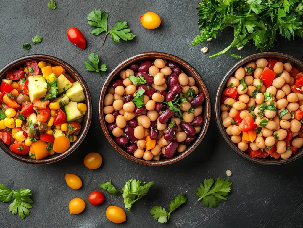 Three styles of high protein dense bean salad