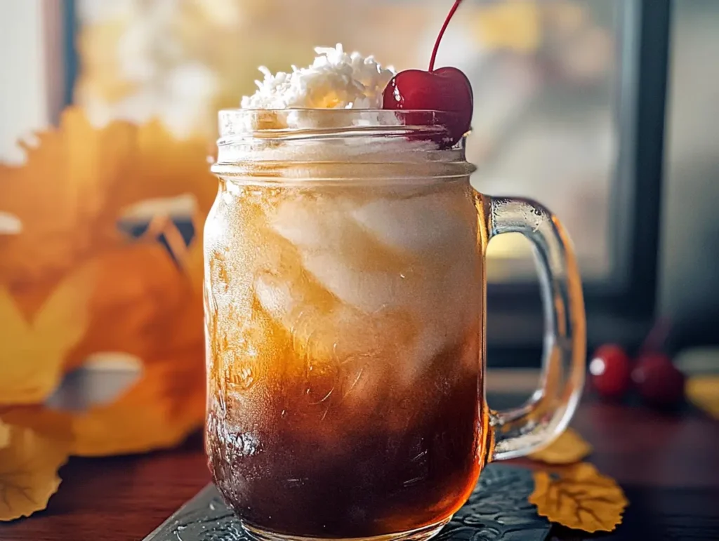dirty Dr Pepper soda recipe in a mason jar with cream and cherry