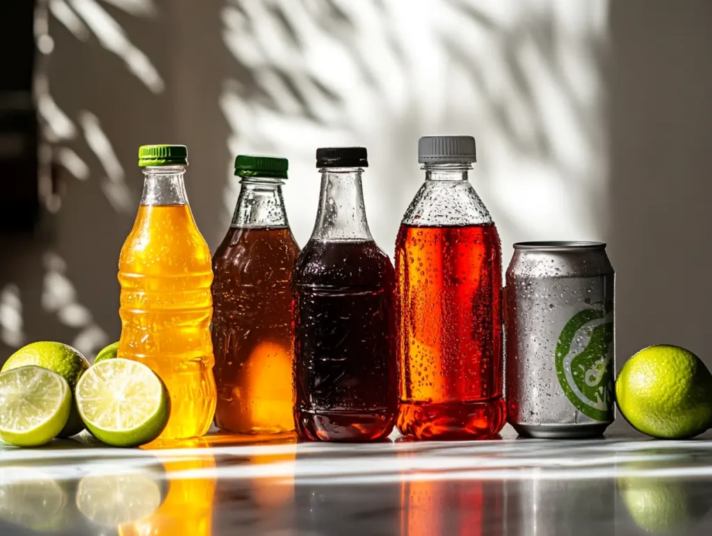 ingredients for dirty soda recipes with soda, syrups, and lime