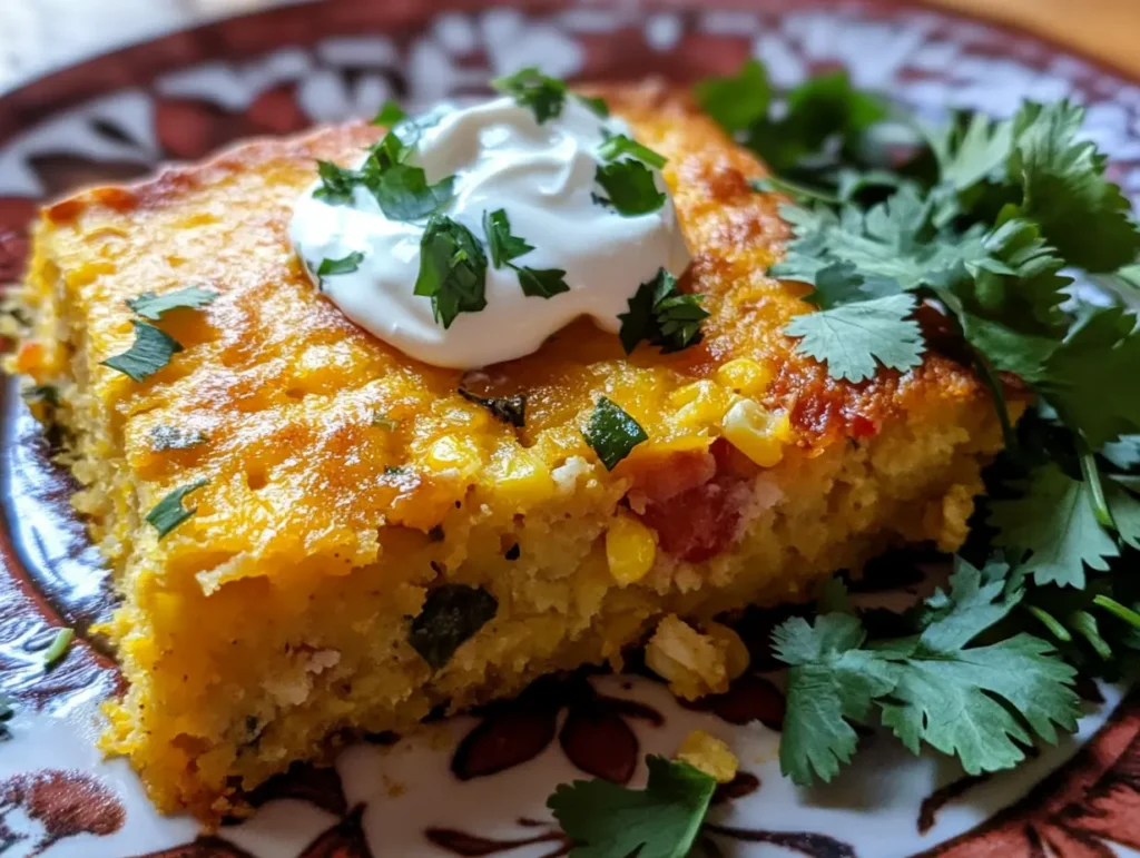 plated mexican vegetarian cheese jiffy corn bread casserole with garnish