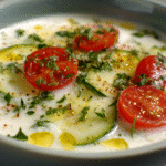 white gazpacho yogurt cucumber tomato recipe in a chilled bowl