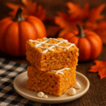 Pumpkin rice krispie treats stacked and ready for fall